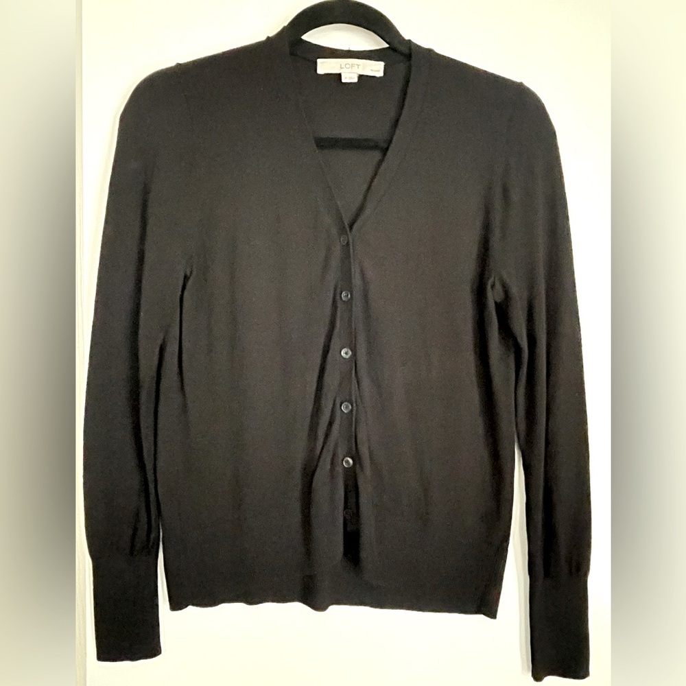 LOFT Ann Taylor Black Cardigan V Neck Sweater Lightweight Long Sleeve